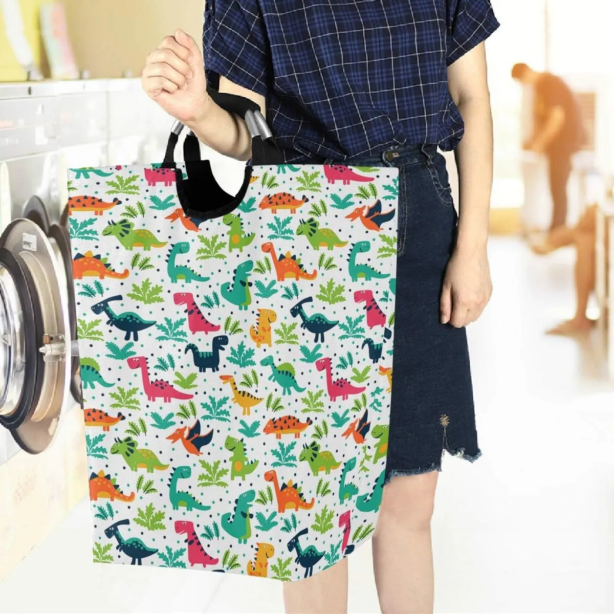 visesunny Collapsible Laundry Basket Funny Dinosaur Animal Large Laundry Hamper with Handle Toys and Clothing Organization for Bathroom, Bedroom, Home, Dorm, Travel