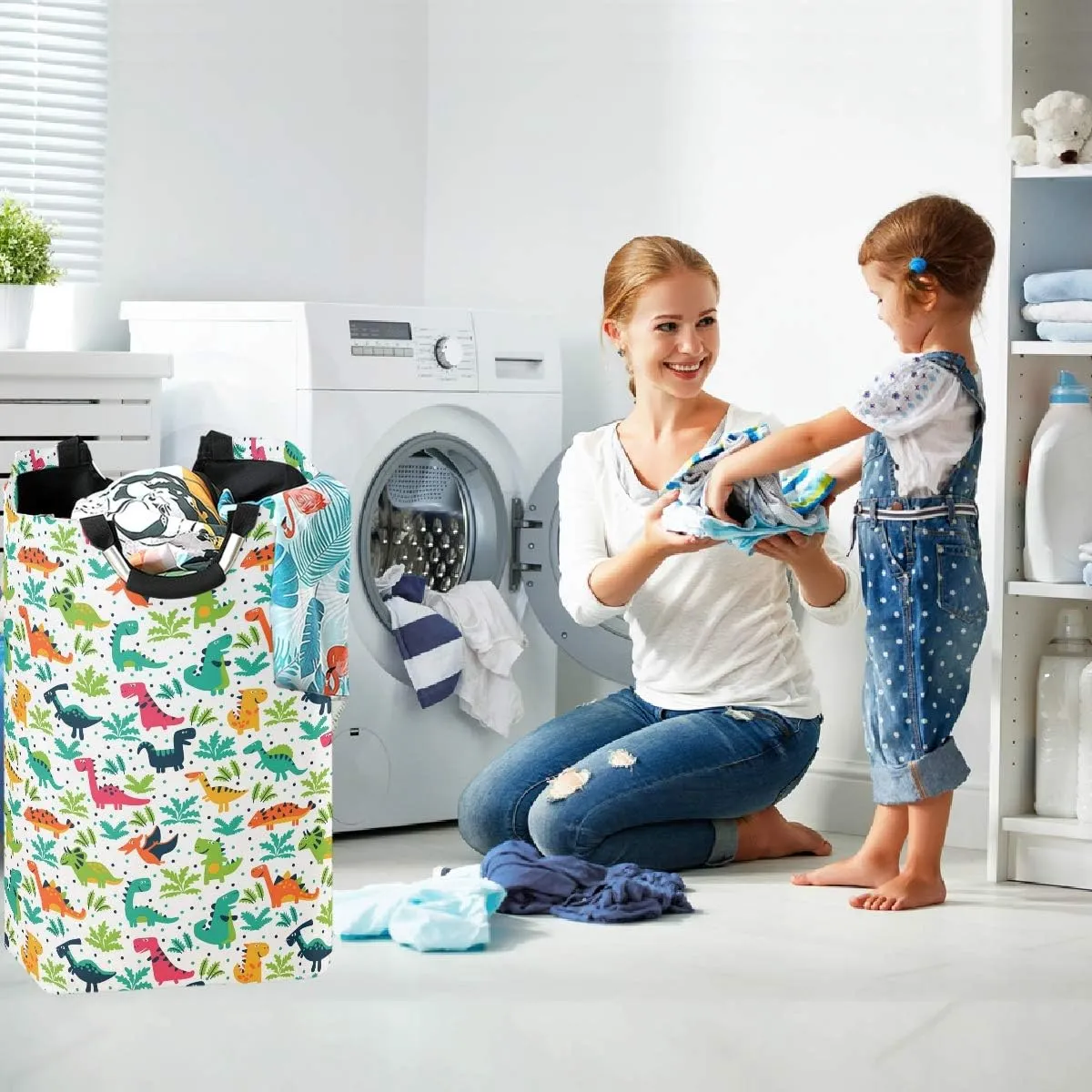 visesunny Collapsible Laundry Basket Funny Dinosaur Animal Large Laundry Hamper with Handle Toys and Clothing Organization for Bathroom, Bedroom, Home, Dorm, Travel