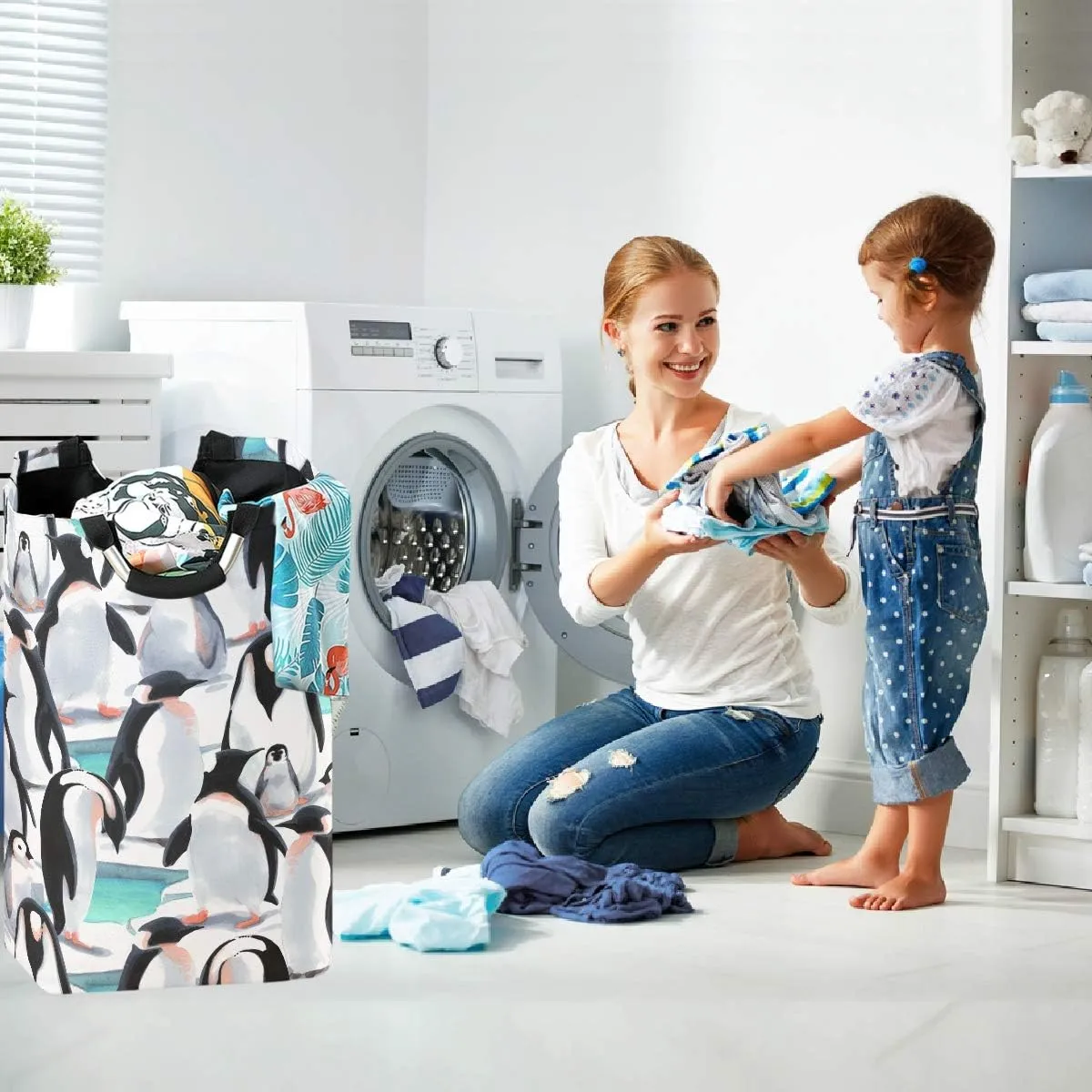 visesunny Collapsible Laundry Basket Penguin Large Laundry Hamper with Handle Toys and Clothing Organization for Bathroom, Bedroom, Home, Dorm, Travel