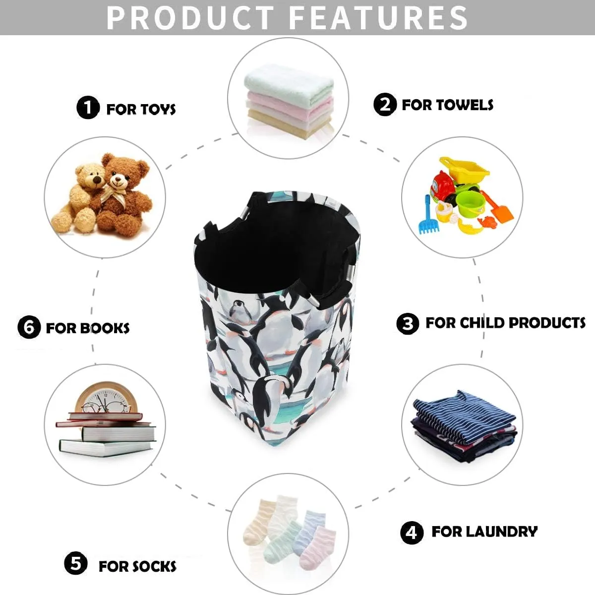 visesunny Collapsible Laundry Basket Penguin Large Laundry Hamper with Handle Toys and Clothing Organization for Bathroom, Bedroom, Home, Dorm, Travel
