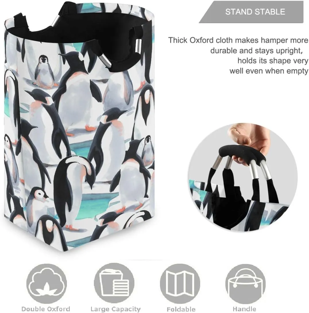 visesunny Collapsible Laundry Basket Penguin Large Laundry Hamper with Handle Toys and Clothing Organization for Bathroom, Bedroom, Home, Dorm, Travel