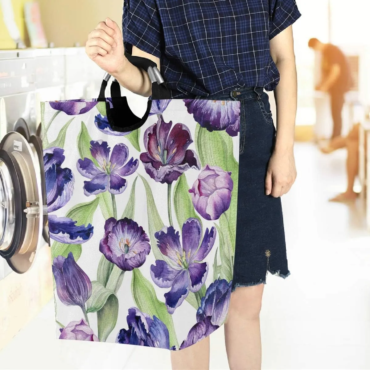 visesunny Collapsible Laundry Basket Purple Tulip Flower Large Laundry Hamper with Handle Toys and Clothing Organization for Bathroom, Bedroom, Home, Dorm, Travel