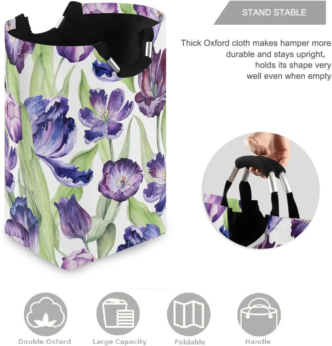 visesunny Collapsible Laundry Basket Purple Tulip Flower Large Laundry Hamper with Handle Toys and Clothing Organization for Bathroom, Bedroom, Home, Dorm, Travel