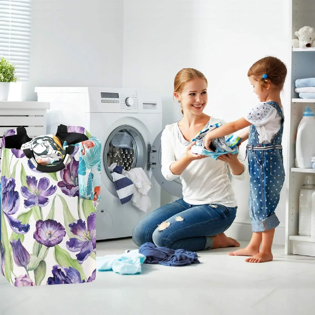 visesunny Collapsible Laundry Basket Purple Tulip Flower Large Laundry Hamper with Handle Toys and Clothing Organization for Bathroom, Bedroom, Home, Dorm, Travel