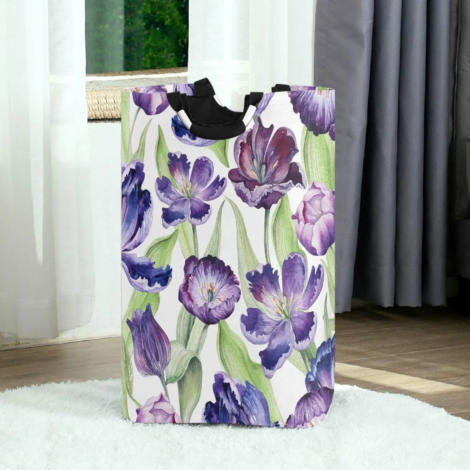 visesunny Collapsible Laundry Basket Purple Tulip Flower Large Laundry Hamper with Handle Toys and Clothing Organization for Bathroom, Bedroom, Home, Dorm, Travel