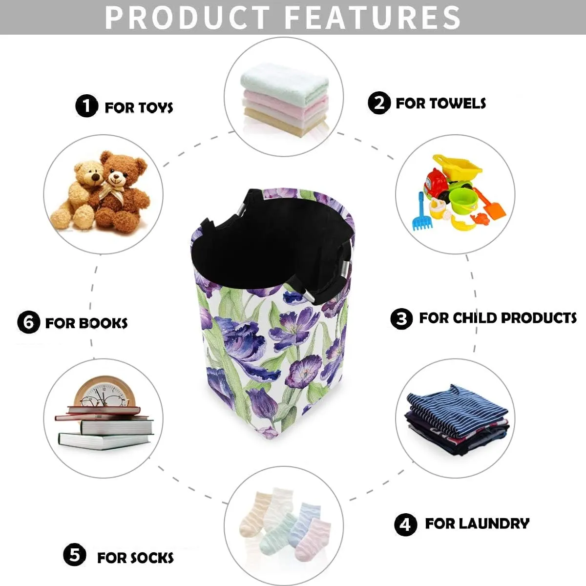 visesunny Collapsible Laundry Basket Purple Tulip Flower Large Laundry Hamper with Handle Toys and Clothing Organization for Bathroom, Bedroom, Home, Dorm, Travel