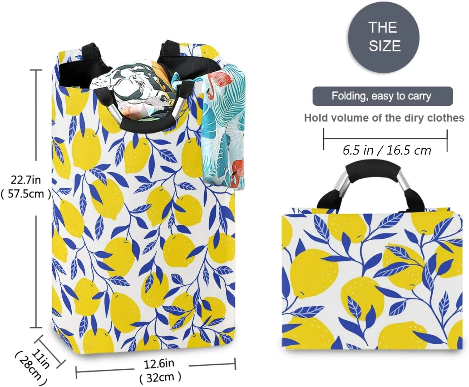 visesunny Collapsible Laundry Basket Yellow Lemon with Blue Leaf Large Laundry Hamper with Handle Toys and Clothing Organization for Bathroom, Bedroom, Home, Dorm, Travel