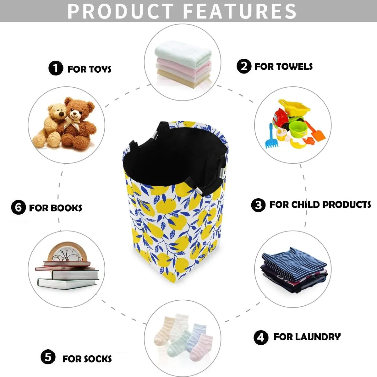 visesunny Collapsible Laundry Basket Yellow Lemon with Blue Leaf Large Laundry Hamper with Handle Toys and Clothing Organization for Bathroom, Bedroom, Home, Dorm, Travel