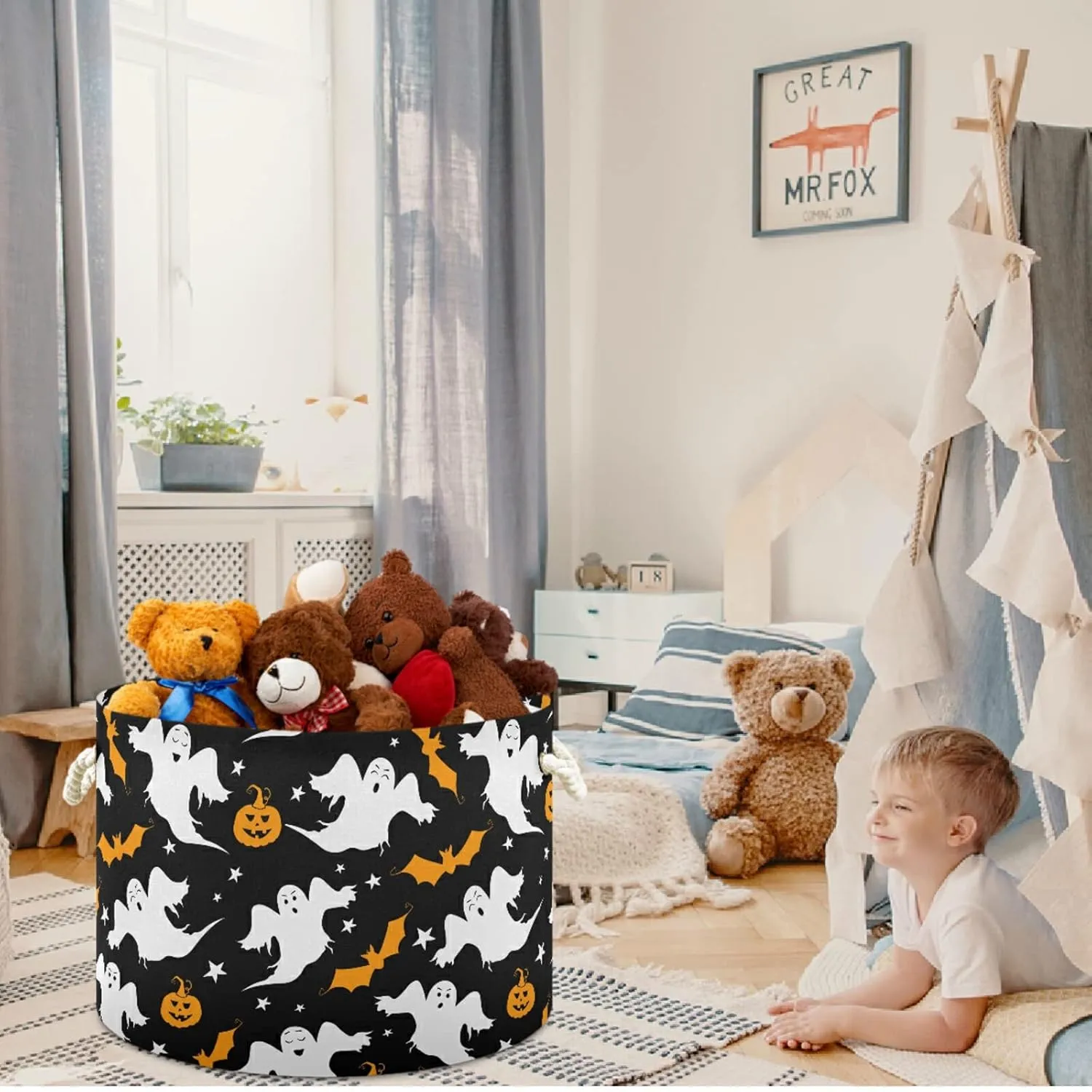 visesunny Halloween Bat Pumpkin Ghost Cartoon Style Laundry Baskets Fabric Storage Bin Storage Box Collapsible Storage Basket Toy Clothes Shelves Basket for Bathroom,Bedroom,Nursery,Closet,Office