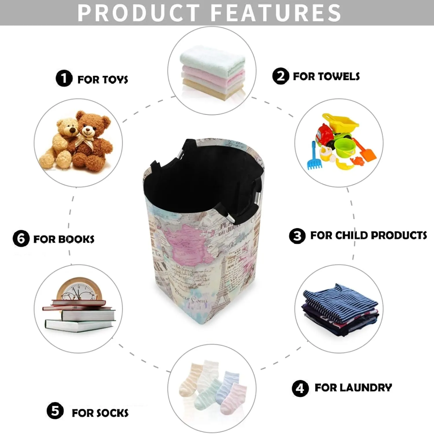 visesunny Large Capacity Laundry Hamper Basket Retro Paris Eiffel Tower Lettering Water-Resistant Oxford Cloth Storage Baskets for Bedroom, Bathroom, Dorm, Kids Room