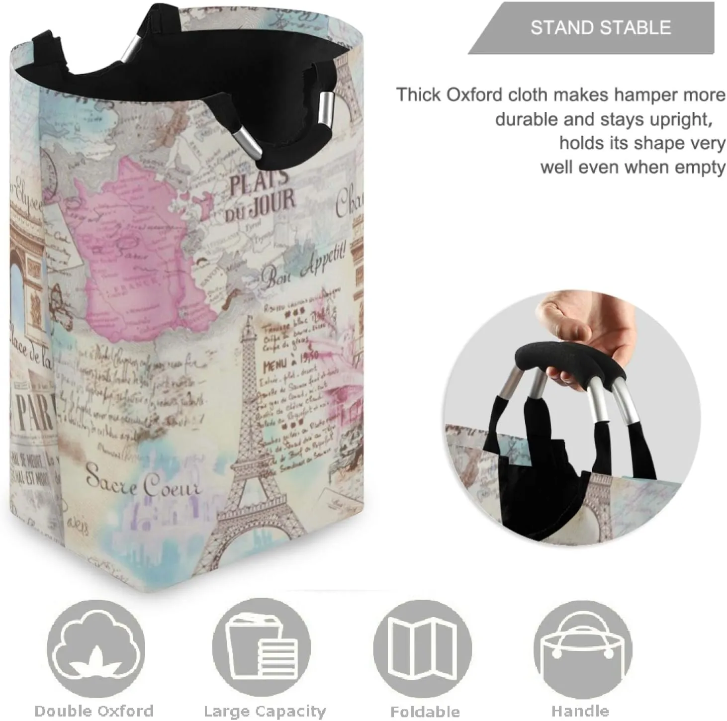 visesunny Large Capacity Laundry Hamper Basket Retro Paris Eiffel Tower Lettering Water-Resistant Oxford Cloth Storage Baskets for Bedroom, Bathroom, Dorm, Kids Room