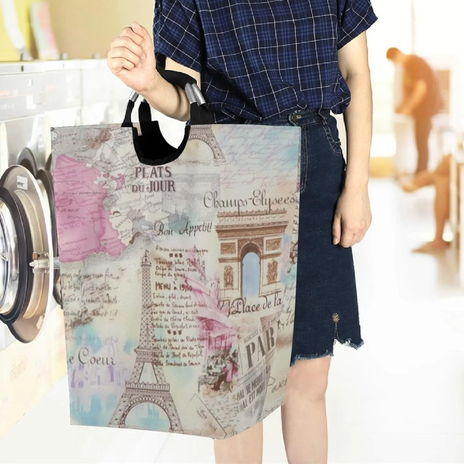 visesunny Large Capacity Laundry Hamper Basket Retro Paris Eiffel Tower Lettering Water-Resistant Oxford Cloth Storage Baskets for Bedroom, Bathroom, Dorm, Kids Room