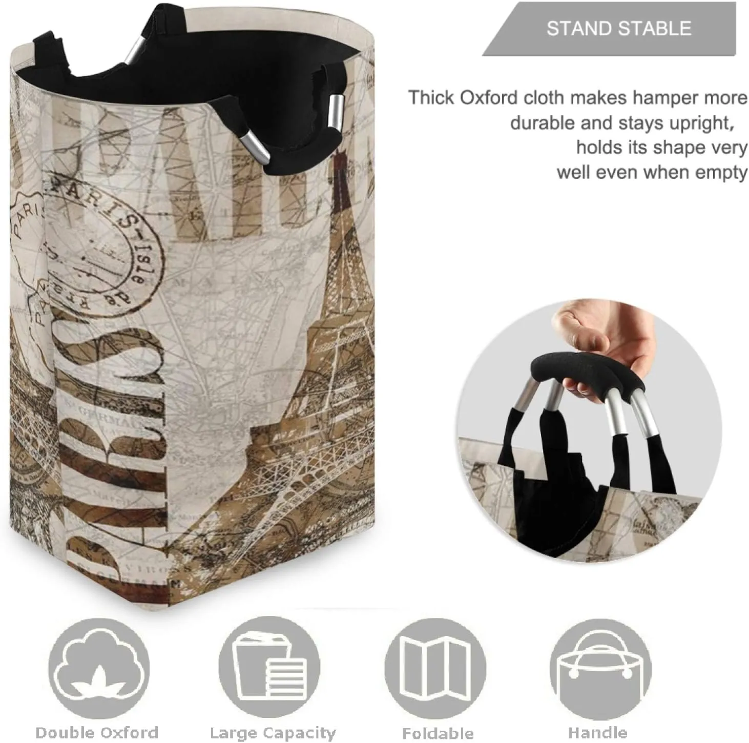 visesunny Large Capacity Laundry Hamper Basket Retro Paris Water-Resistant Oxford Cloth Storage Baskets for Bedroom, Bathroom, Dorm, Kids Room