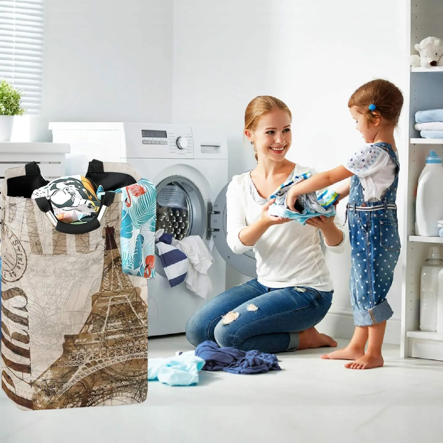 visesunny Large Capacity Laundry Hamper Basket Retro Paris Water-Resistant Oxford Cloth Storage Baskets for Bedroom, Bathroom, Dorm, Kids Room