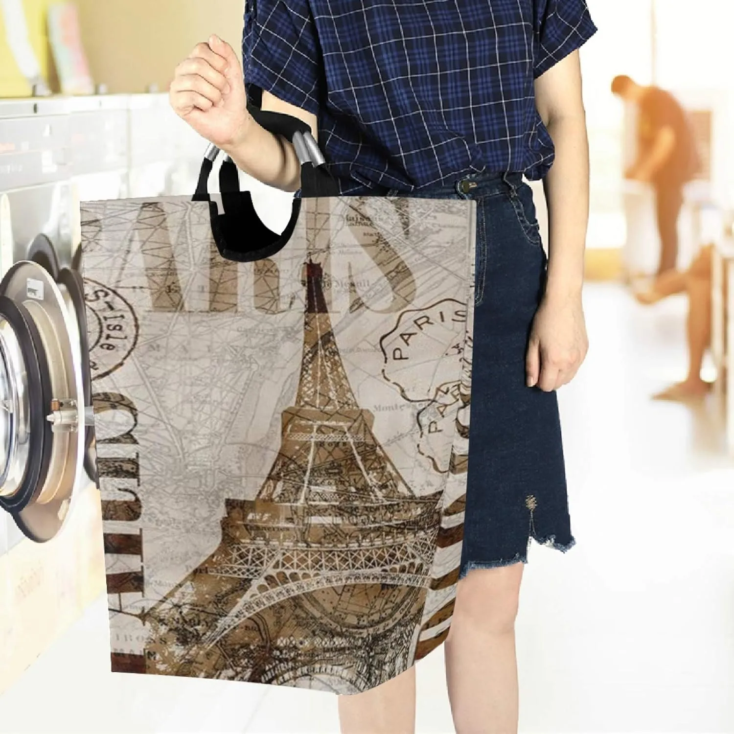 visesunny Large Capacity Laundry Hamper Basket Retro Paris Water-Resistant Oxford Cloth Storage Baskets for Bedroom, Bathroom, Dorm, Kids Room