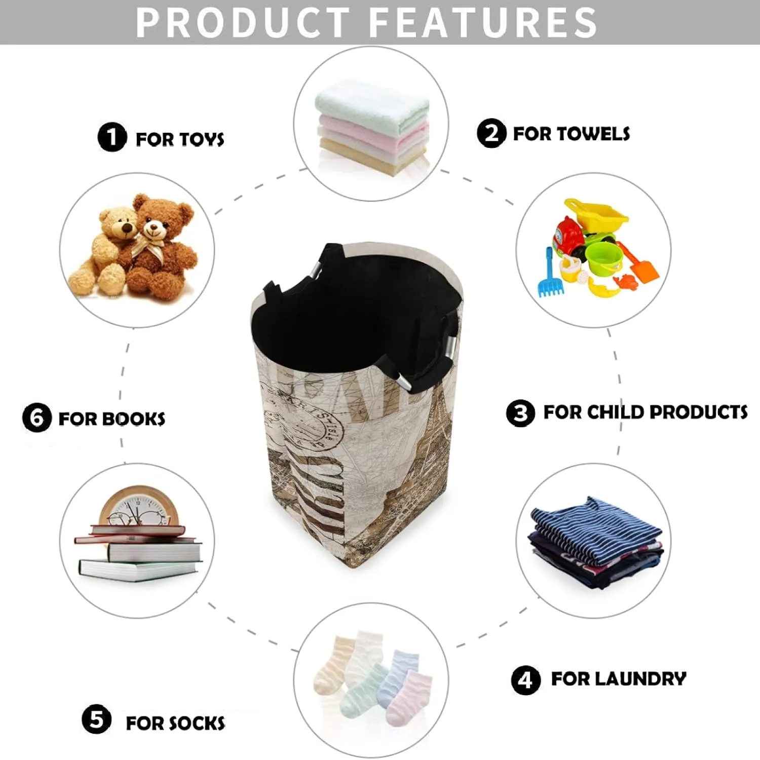 visesunny Large Capacity Laundry Hamper Basket Retro Paris Water-Resistant Oxford Cloth Storage Baskets for Bedroom, Bathroom, Dorm, Kids Room
