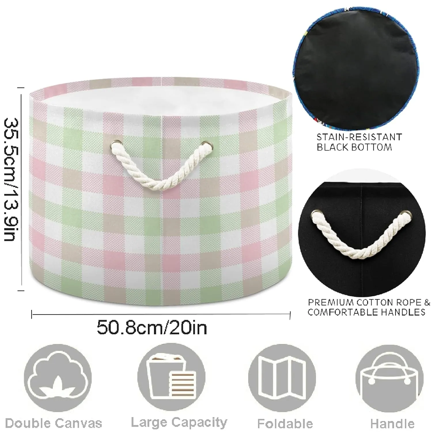 visesunny Vichy Pattern in Pink Green White Laundry Baskets Fabric Storage Bin Storage Box Collapsible Storage Basket Toy Clothes Shelves Basket for Bathroom,Bedroom,Nursery,Closet,Office