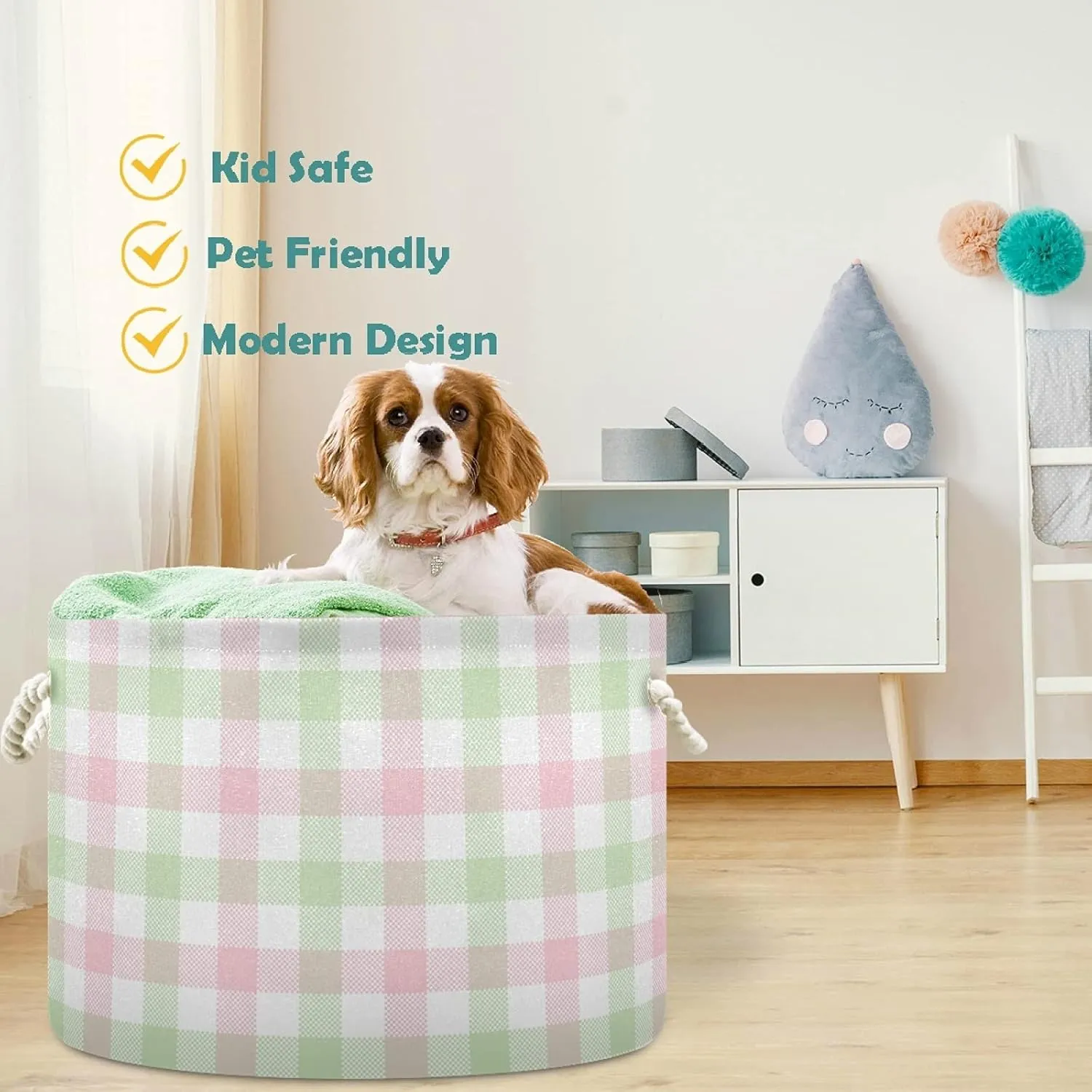 visesunny Vichy Pattern in Pink Green White Laundry Baskets Fabric Storage Bin Storage Box Collapsible Storage Basket Toy Clothes Shelves Basket for Bathroom,Bedroom,Nursery,Closet,Office