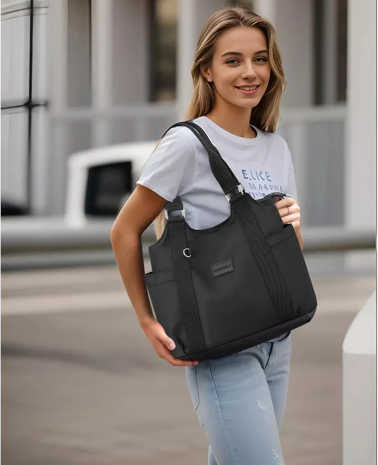 VODIU Nylon Tote Bag for Women Work Shoulder Handbags with Pockets, Everyday Purses for Women Waterproof Hand-bag with Zipper