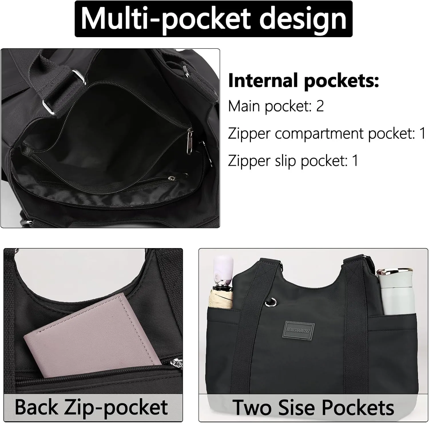 VODIU Nylon Tote Bag for Women Work Shoulder Handbags with Pockets, Everyday Purses for Women Waterproof Hand-bag with Zipper