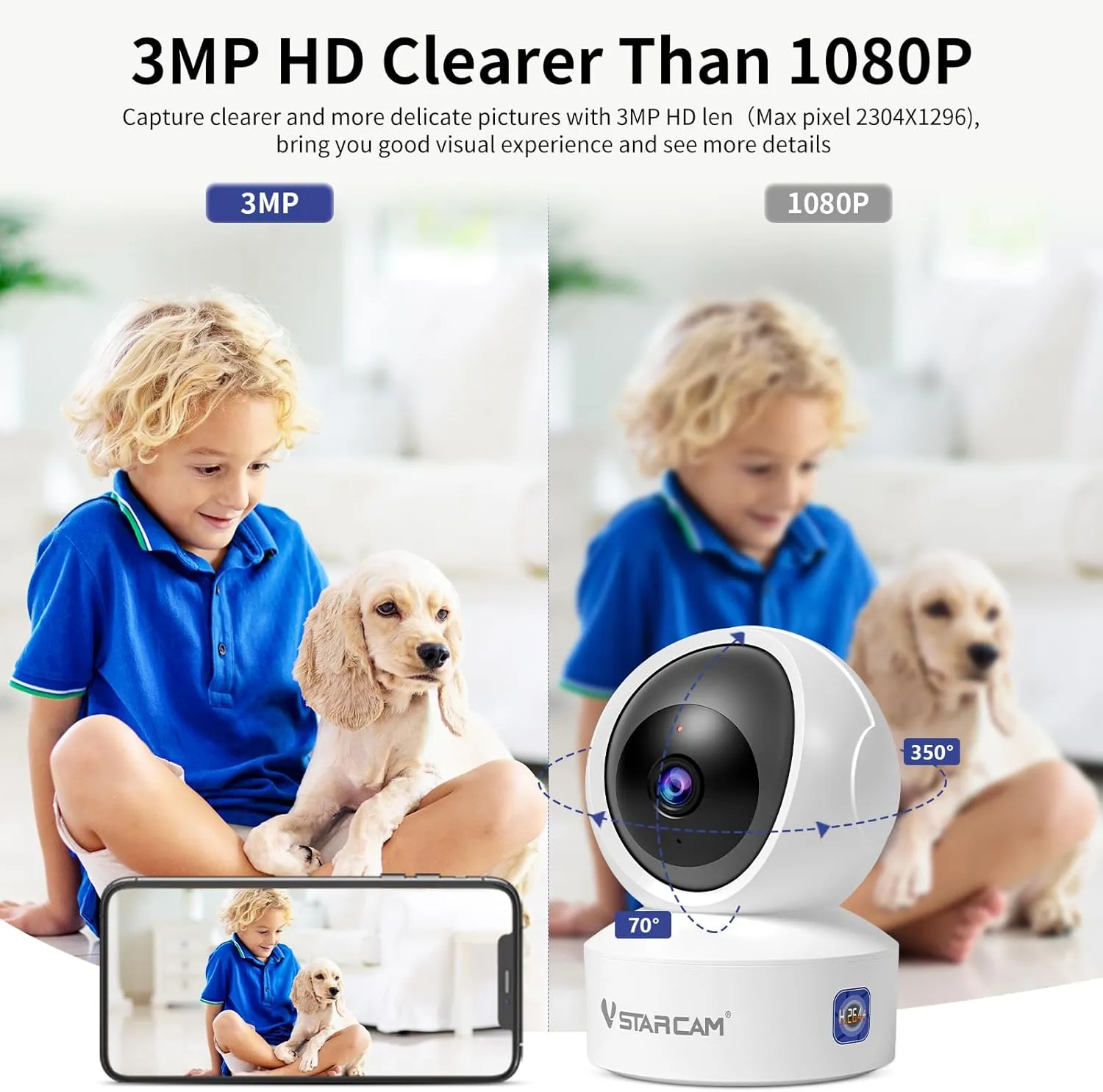 VSTARCAM Indoor Security Camera,2K HD WiFi Camera,Baby Camera,360° PTZ Camera,Dog Camera,Pet Camera,Baby Monitor,Night Vision,2-Way Audio,Hybrid Zoom,2.4G WiFi Camera (Indoor Camera CS49)