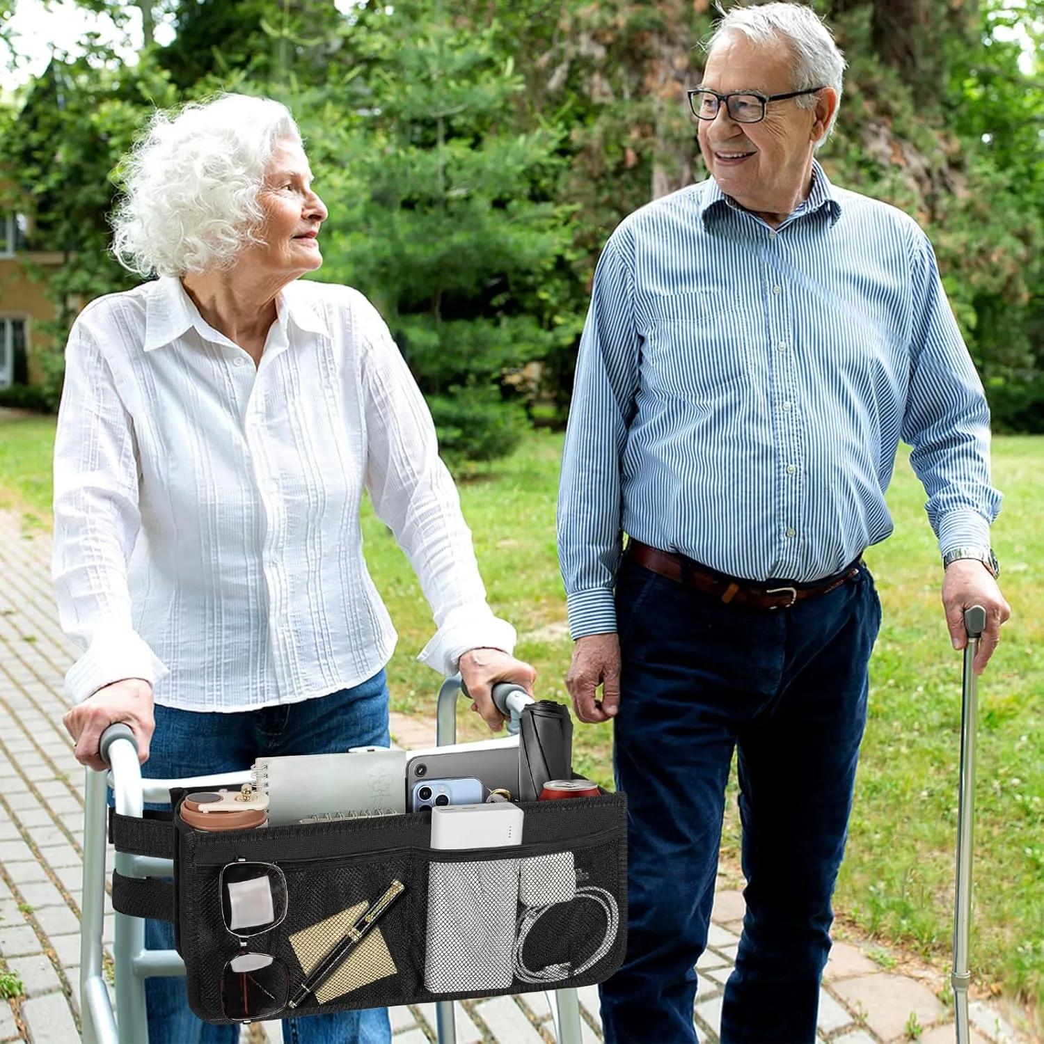 Walker Basket for Folding Walker with Cup Holder, Large Capacity Detachable Foldable Walker Storage Bag for Seniors with Never Tipping Over (Black)