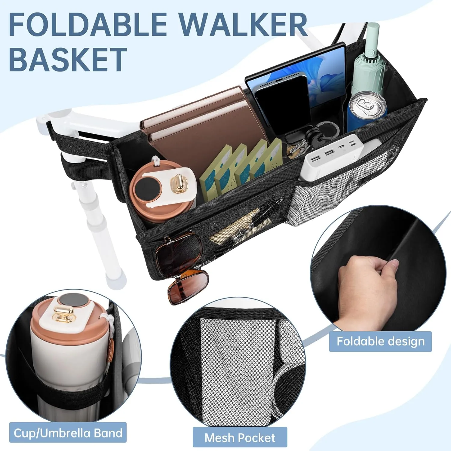 Walker Basket for Folding Walker with Cup Holder, Large Capacity Detachable Foldable Walker Storage Bag for Seniors with Never Tipping Over (Black)