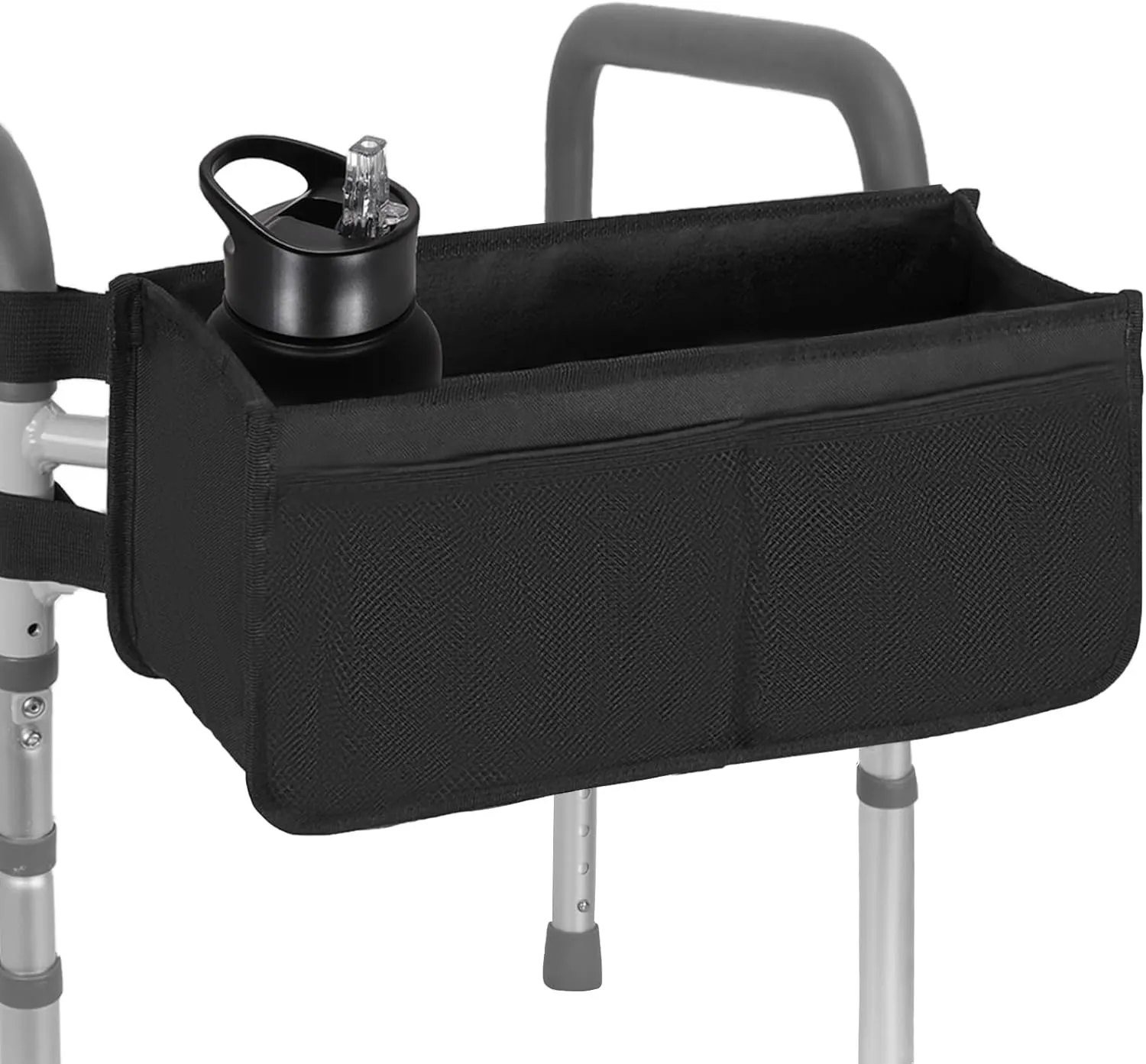 Walker Basket for Folding Walker with Cup Holder, Large Capacity Detachable Foldable Walker Storage Bag for Seniors with Never Tipping Over (Black)