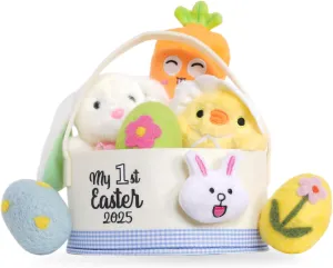 Wangchao Craft Baby Easter Basket 7 Pcs My First Easter Basket for Kids Stuffed Plush Playset Bunny Egg Chick Carrot for Baby Toddler Girls Boys Party Decorations(Easter Basket)