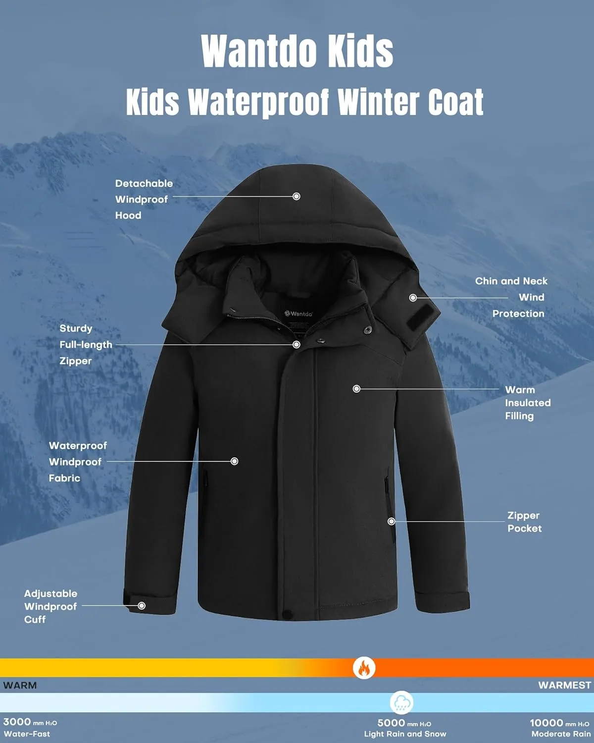 Wantdo Boy's Waterproof Ski Jacket Quilted Winter Coat Warm Fleece Puffer Jacket Mountain Windbreaker
