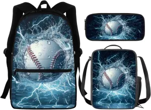 Water Baseball Bookbag With Lunch Box for Boys 7-10/10-12 Kids School Backpack Set Middle High School Bag Insulated Tote Lunchbag Pencil Case Set 3 In 1 Casual Daypack Rucksack Blue