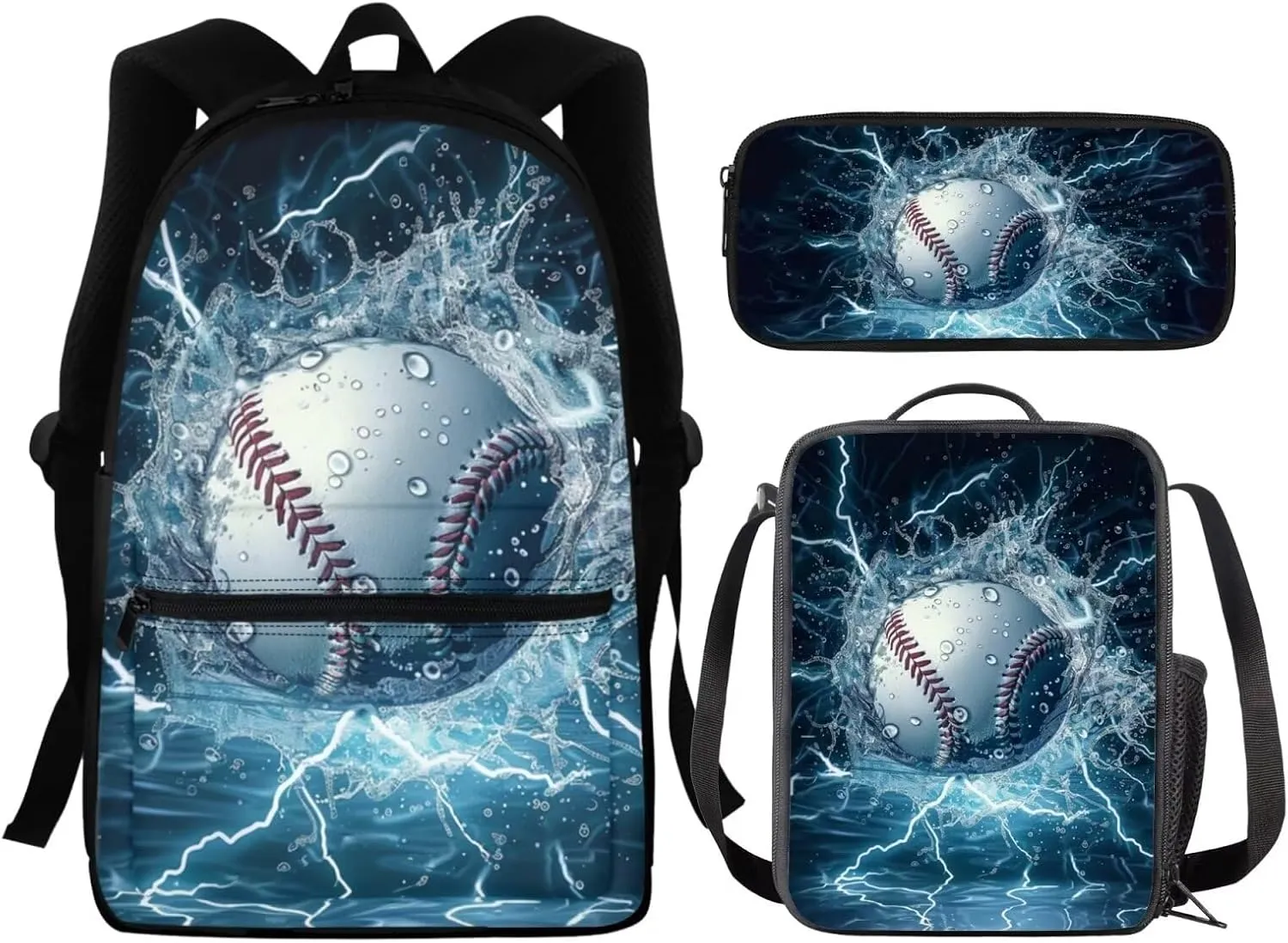 Water Baseball Bookbag With Lunch Box for Boys 7-10/10-12 Kids School Backpack Set Middle High School Bag Insulated Tote Lunchbag Pencil Case Set 3 In 1 Casual Daypack Rucksack Blue