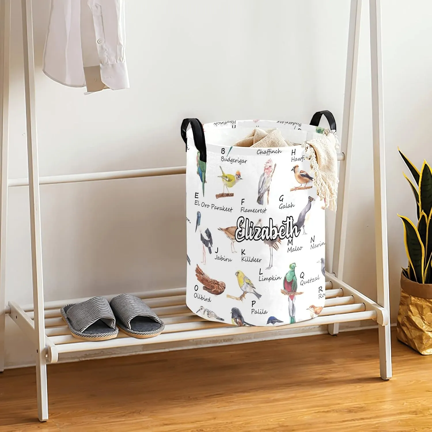 Watercolor bird alphabet Personalized Waterproof Foldable Laundry Basket Bag with Handle, Custom Collapsible Clothes Hamper Storage Bin for Toys Laundry Dorm Travel Bathroom