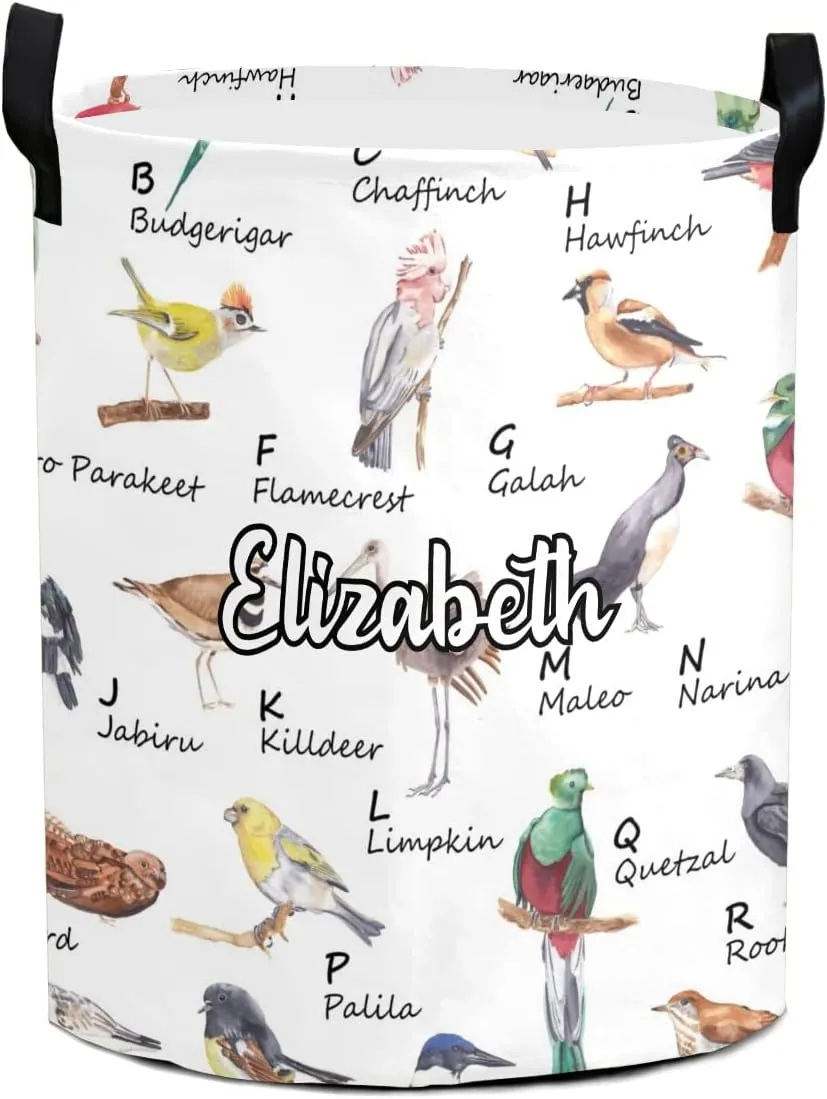 Watercolor bird alphabet Personalized Waterproof Foldable Laundry Basket Bag with Handle, Custom Collapsible Clothes Hamper Storage Bin for Toys Laundry Dorm Travel Bathroom