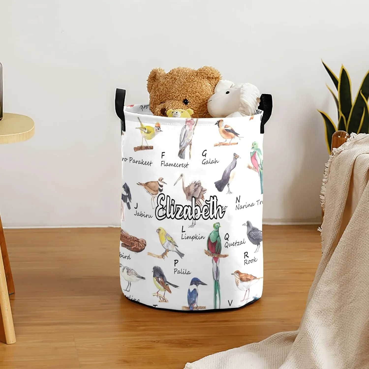 Watercolor bird alphabet Personalized Waterproof Foldable Laundry Basket Bag with Handle, Custom Collapsible Clothes Hamper Storage Bin for Toys Laundry Dorm Travel Bathroom