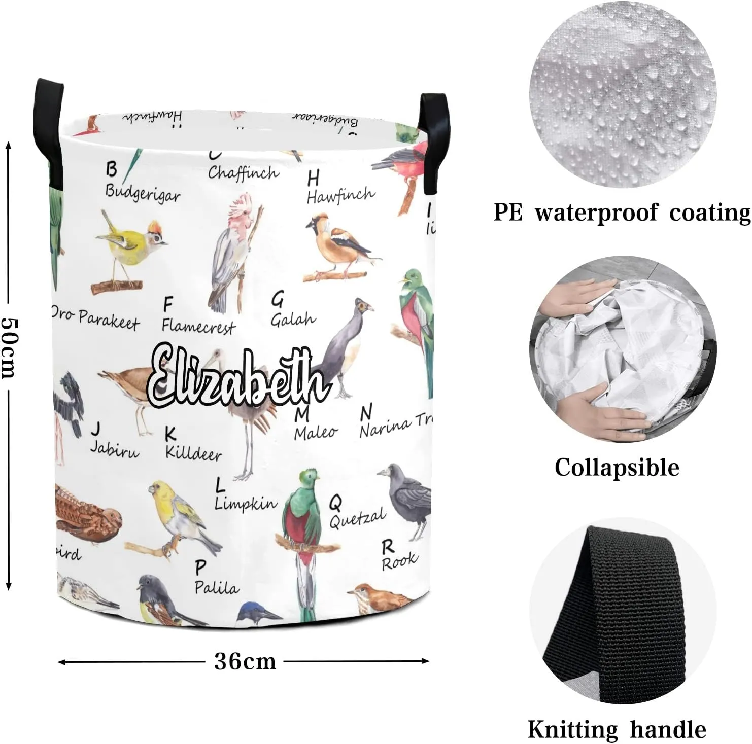 Watercolor bird alphabet Personalized Waterproof Foldable Laundry Basket Bag with Handle, Custom Collapsible Clothes Hamper Storage Bin for Toys Laundry Dorm Travel Bathroom