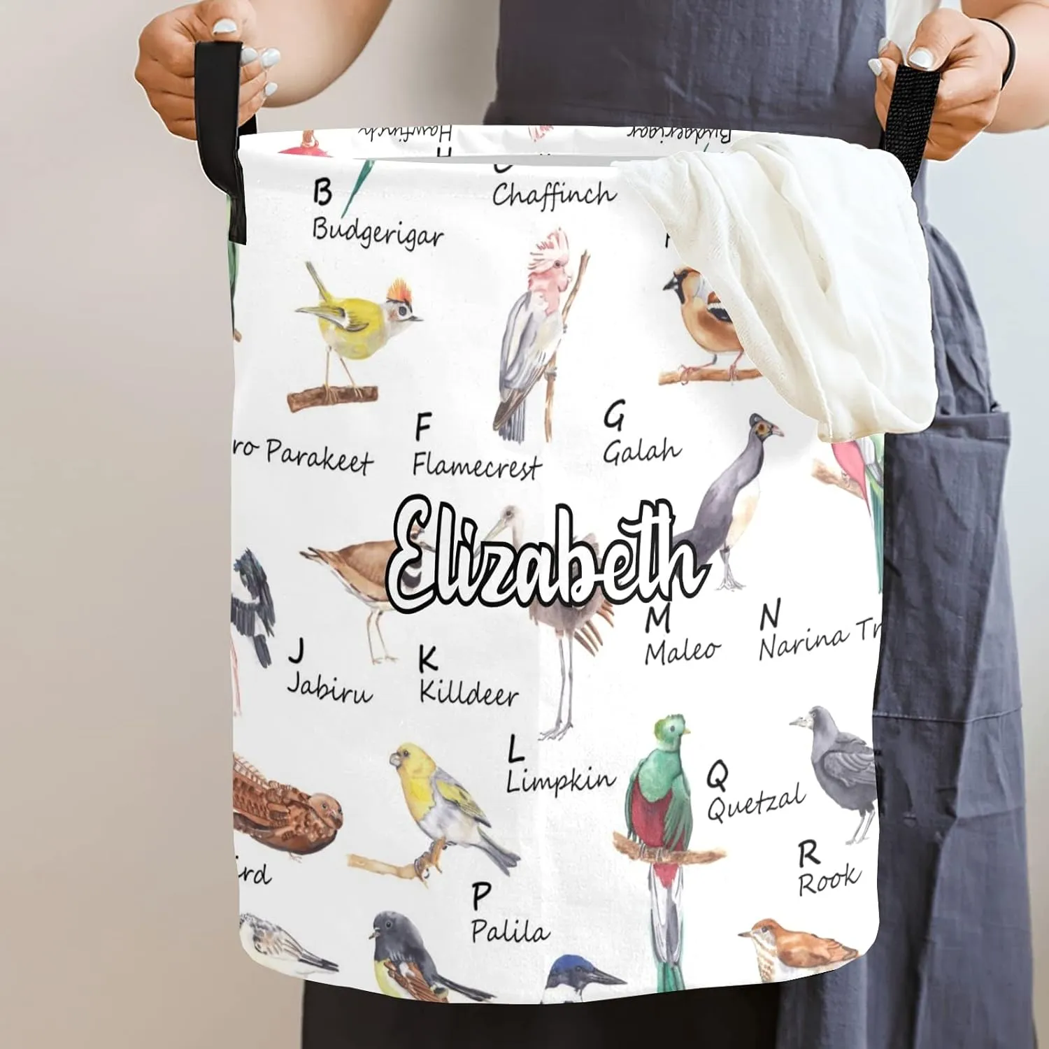 Watercolor bird alphabet Personalized Waterproof Foldable Laundry Basket Bag with Handle, Custom Collapsible Clothes Hamper Storage Bin for Toys Laundry Dorm Travel Bathroom