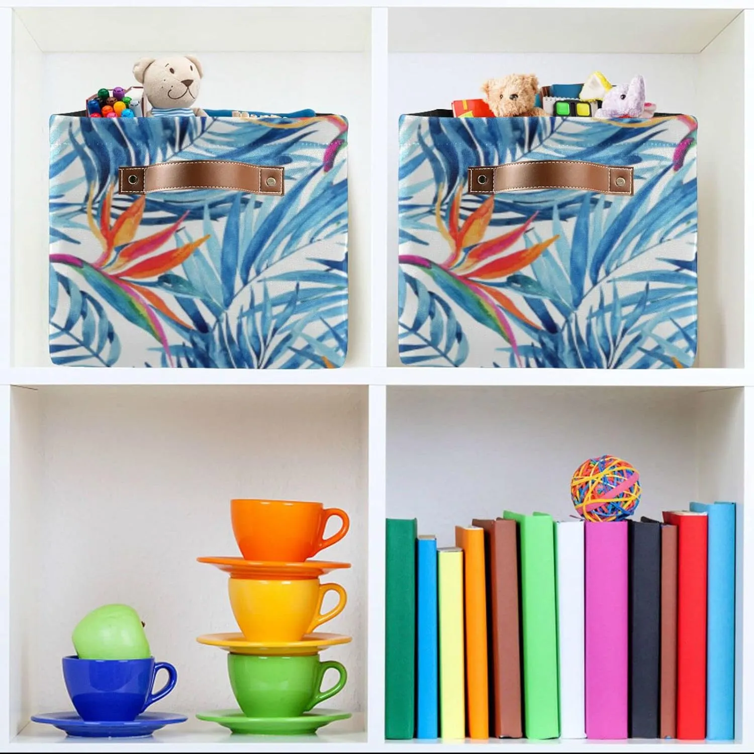 Watercolor Blue Tropical Leaves Summer Red Exotic Flowers on White 2 PC Rectangle Storage Basket Collapsible Fabric with Leather Handles Bag Organizer Clothes for Home Bedroom 15 x 11 x 9.5 in