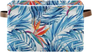 Watercolor Blue Tropical Leaves Summer Red Exotic Flowers on White 2 PC Rectangle Storage Basket Collapsible Fabric with Leather Handles Bag Organizer Clothes for Home Bedroom 15 x 11 x 9.5 in