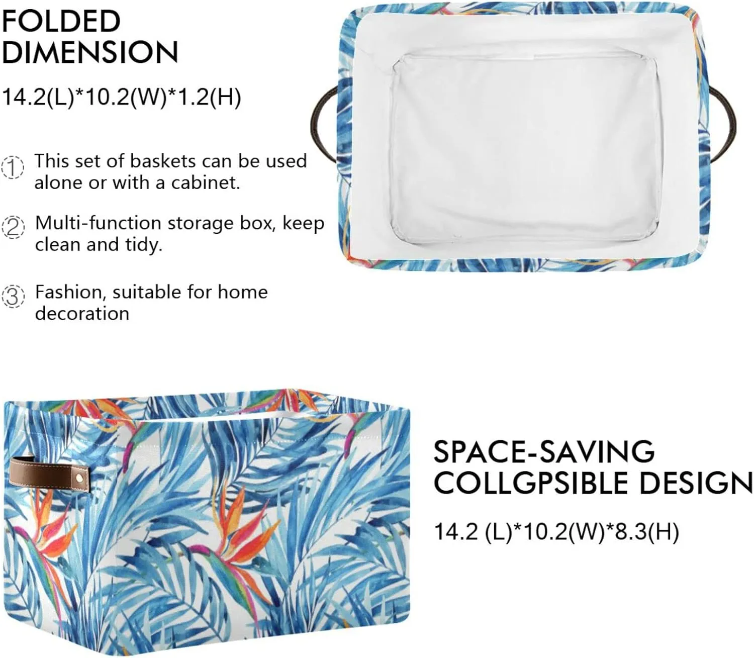 Watercolor Blue Tropical Leaves Summer Red Exotic Flowers on White 2 PC Rectangle Storage Basket Collapsible Fabric with Leather Handles Bag Organizer Clothes for Home Bedroom 15 x 11 x 9.5 in