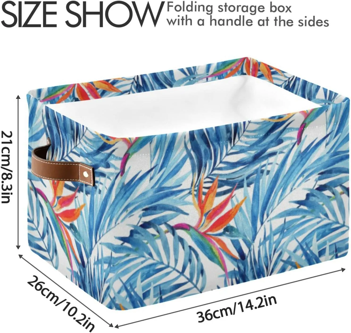 Watercolor Blue Tropical Leaves Summer Red Exotic Flowers on White 2 PC Rectangle Storage Basket Collapsible Fabric with Leather Handles Bag Organizer Clothes for Home Bedroom 15 x 11 x 9.5 in
