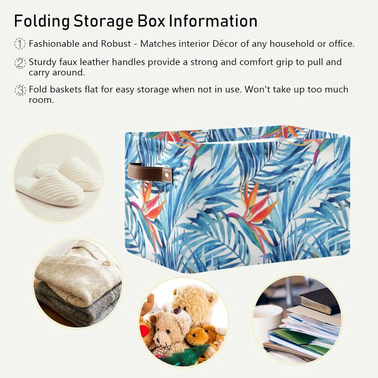Watercolor Blue Tropical Leaves Summer Red Exotic Flowers on White 2 PC Rectangle Storage Basket Collapsible Fabric with Leather Handles Bag Organizer Clothes for Home Bedroom 15 x 11 x 9.5 in