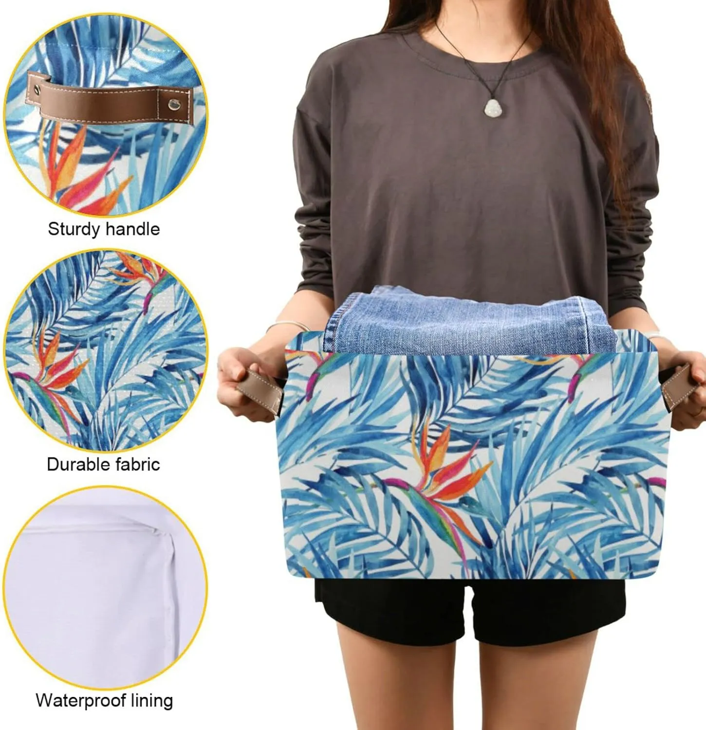 Watercolor Blue Tropical Leaves Summer Red Exotic Flowers on White 2 PC Rectangle Storage Basket Collapsible Fabric with Leather Handles Bag Organizer Clothes for Home Bedroom 15 x 11 x 9.5 in