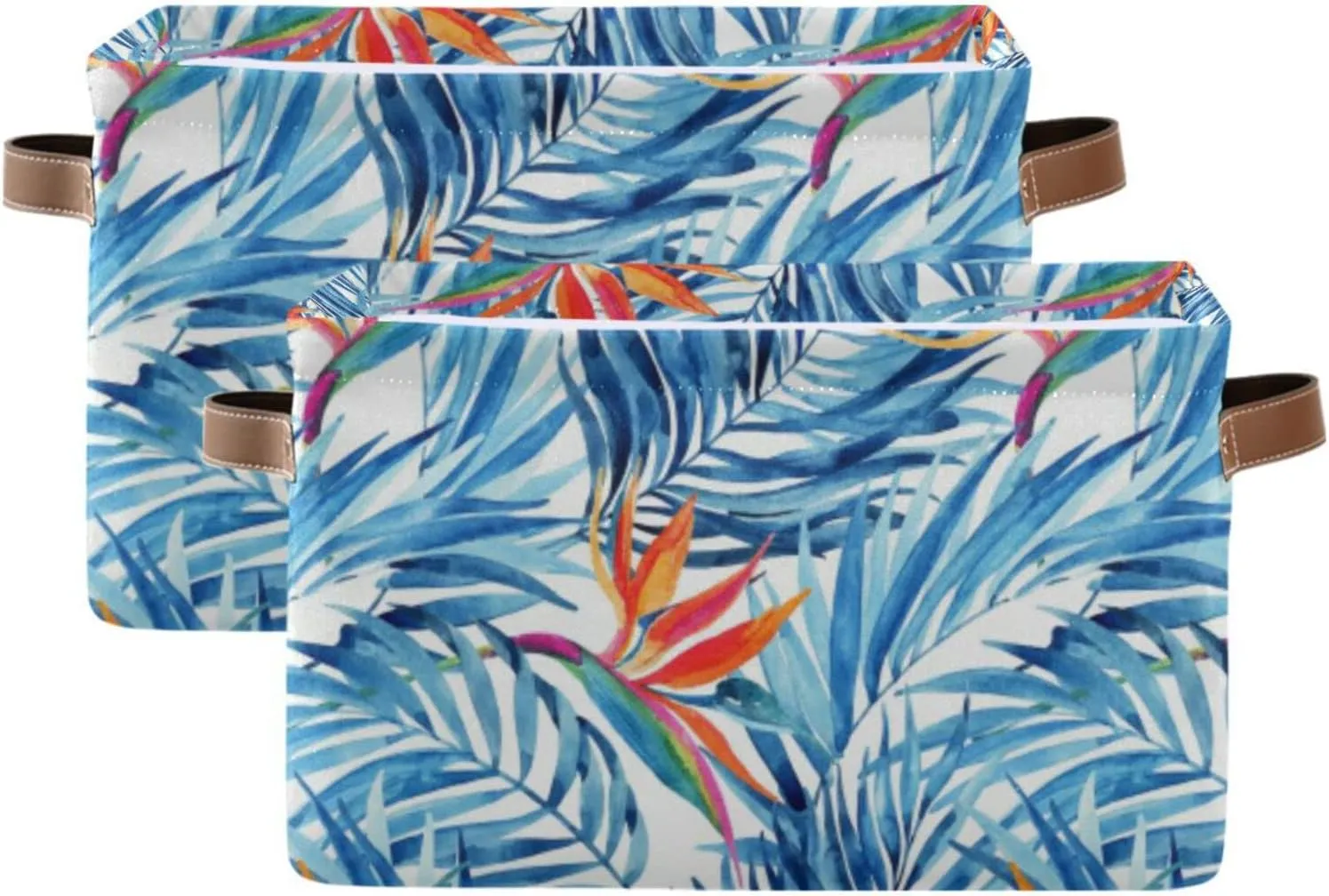 Watercolor Blue Tropical Leaves Summer Red Exotic Flowers on White 2 PC Rectangle Storage Basket Collapsible Fabric with Leather Handles Bag Organizer Clothes for Home Bedroom 15 x 11 x 9.5 in