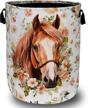 Watercolor Horse Laundry Basket Foldable With Handles Cute Animal Floral Tote Bag Oxford Cloth Colorful Laundry Hamper Clothes Toy Storage Bucket For Bathroom/Laundry/Bedroom 18.9" x 16.5 "
