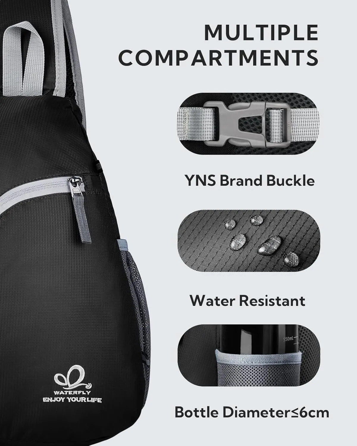 WATERFLY Crossbody Sling Bag Small Water Resistant Backpack Lightweight Shoulder Chest Daypack for Men Women Hiking Travel