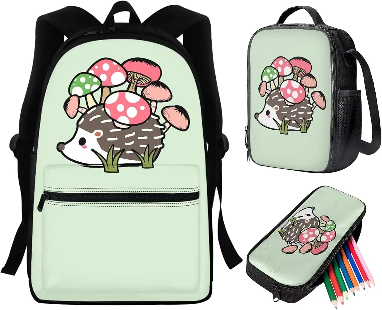 WELLFLYHOM 3 In 1 School Bag and Lunch Box Set Mushroom Hedgehog Backpack Purse for Teen Girls Boys Bookbag Cute Pencil Case Middle Elementary Students Bagpack Rucksack Daypack School Supplies