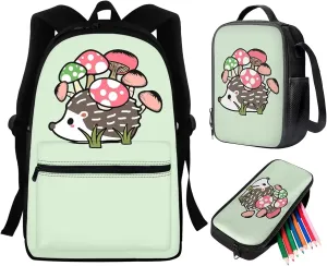 WELLFLYHOM 3 In 1 School Bag and Lunch Box Set Mushroom Hedgehog Backpack Purse for Teen Girls Boys Bookbag Cute Pencil Case Middle Elementary Students Bagpack Rucksack Daypack School Supplies