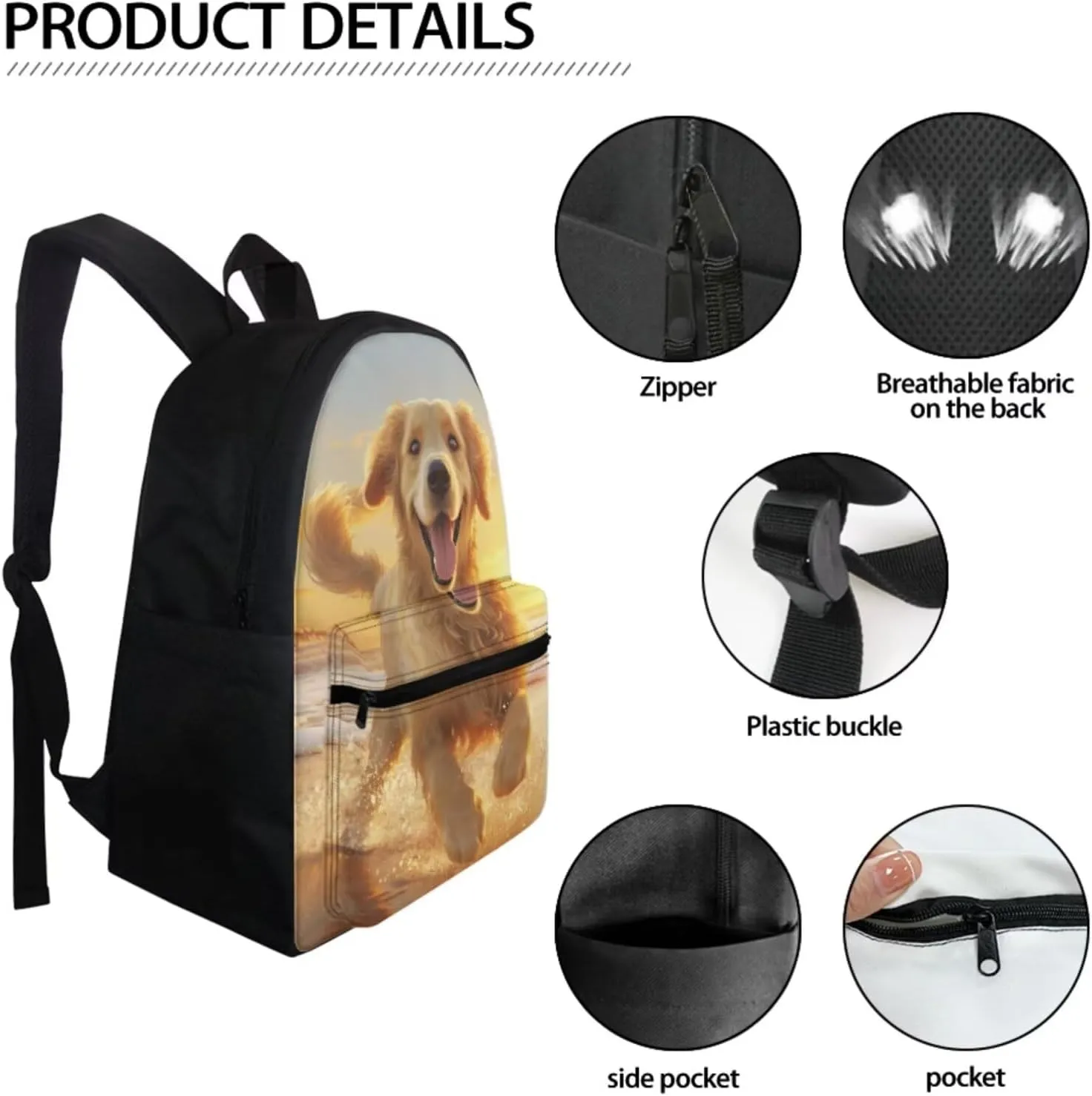 WELLFLYHOM 3 Pcs School Back Pack Golden Retriever School Bag Cute Bookbag for Kids Boy Girls with Lunch Box Pencil Case Middle Elementary Junior School Backpack Daycare Bags Back to School
