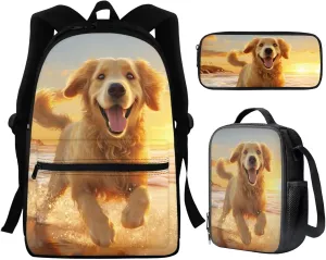 WELLFLYHOM 3 Pcs School Back Pack Golden Retriever School Bag Cute Bookbag for Kids Boy Girls with Lunch Box Pencil Case Middle Elementary Junior School Backpack Daycare Bags Back to School